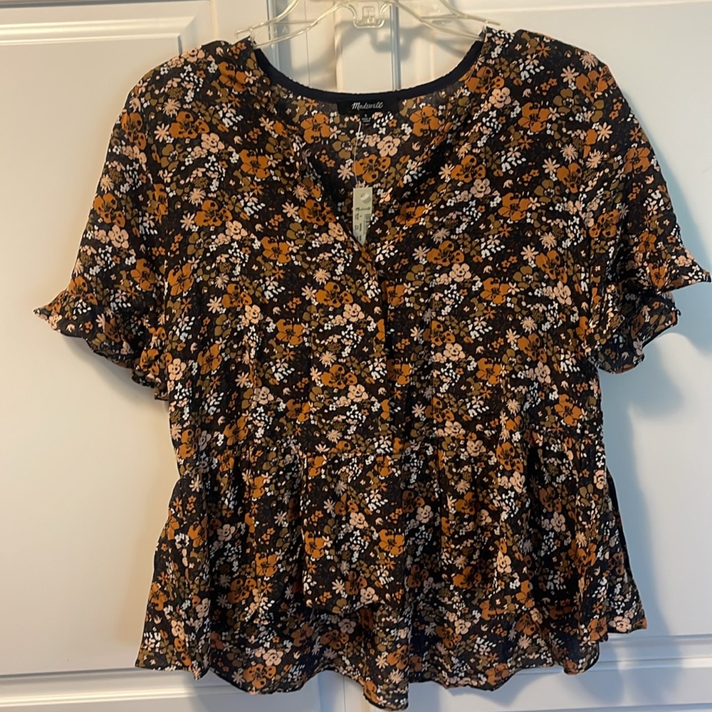 Madewell blouse black,brown,olive . Front buttons ruffle at waist  Small lovely